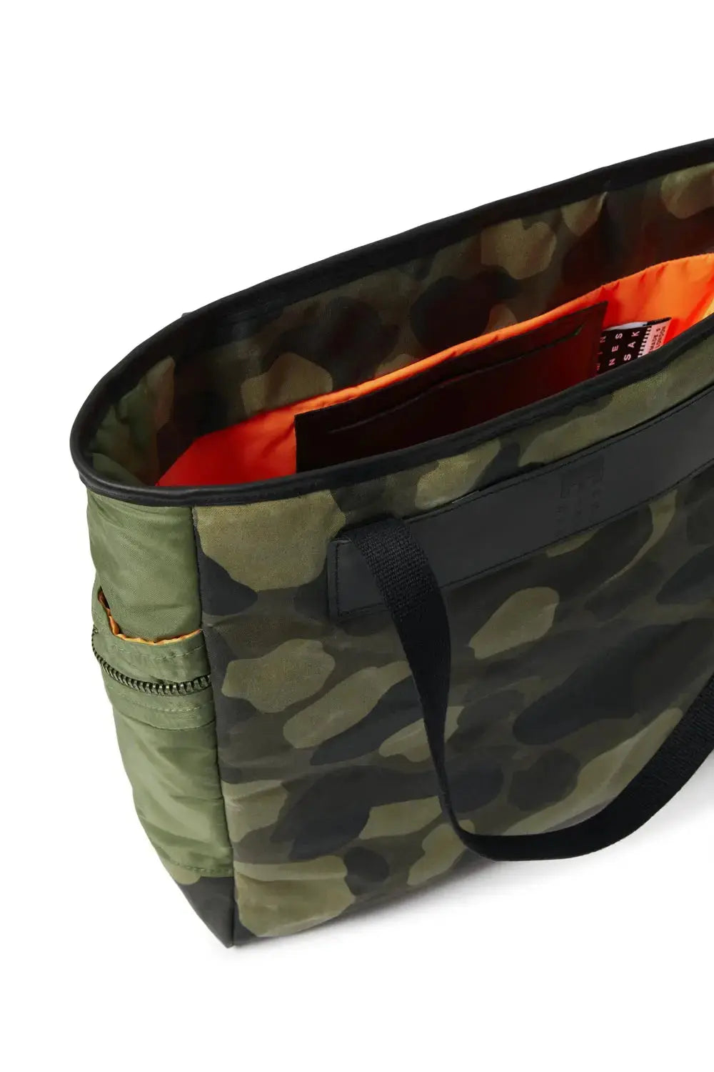 Camouflage-patterned bag with a black handle on a white background