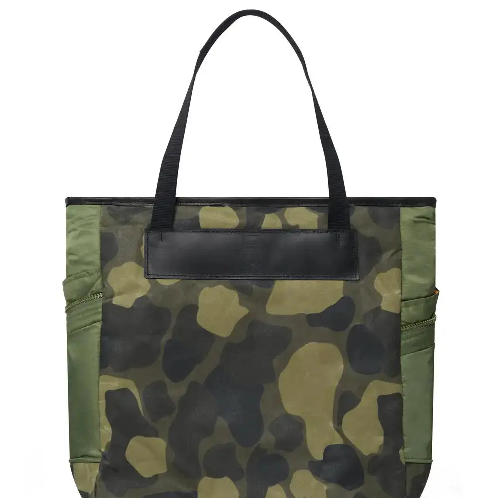 Camouflage-patterned tote bag with black accents on a white background