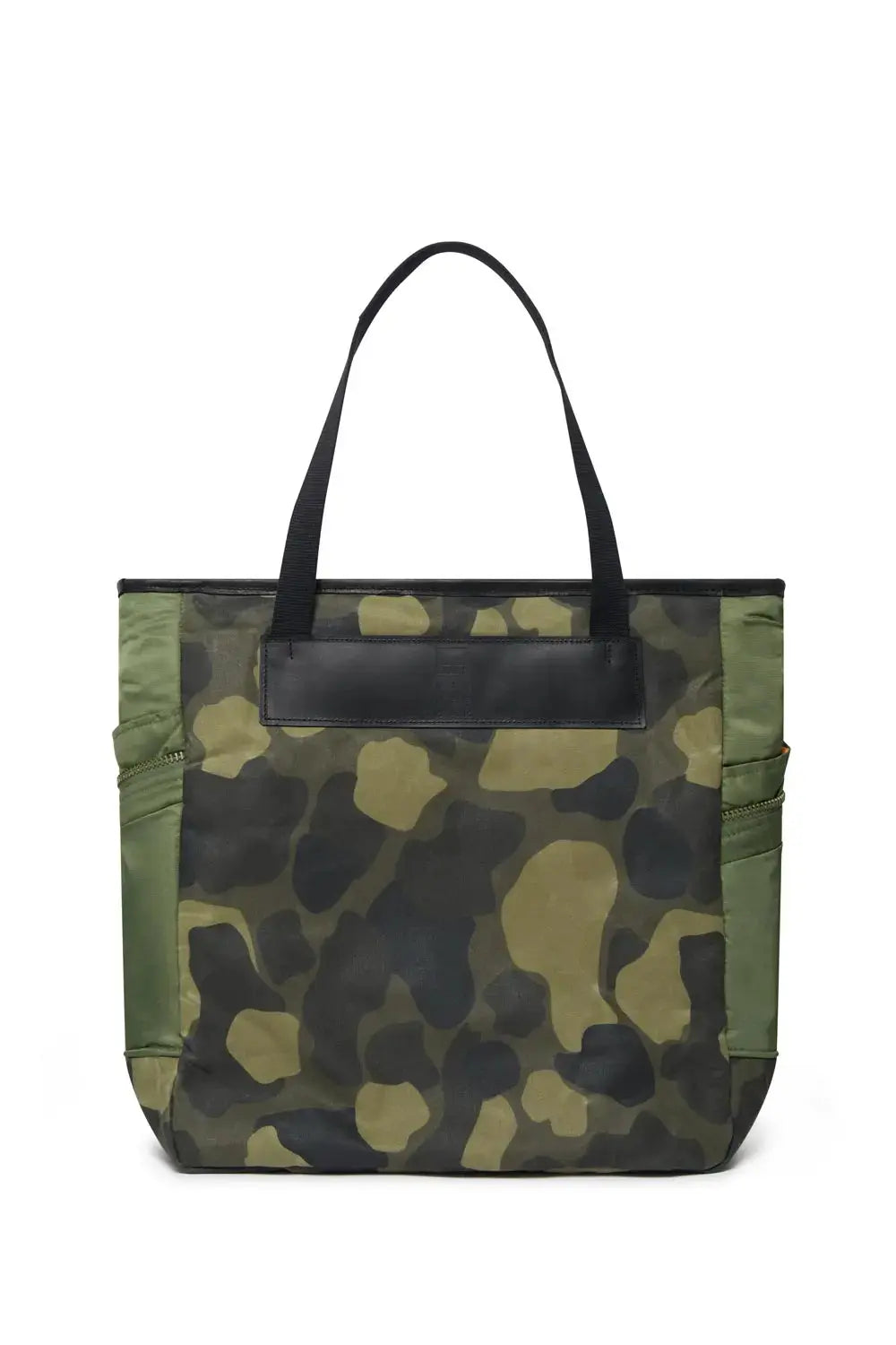 Camouflage-patterned tote bag with black accents on a white background