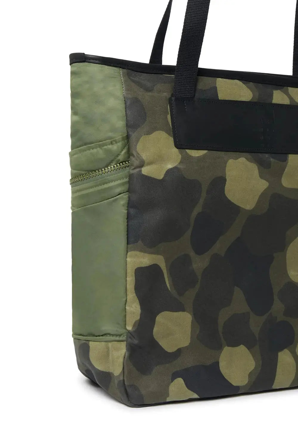 Camouflage tote bag with green accents on a white background