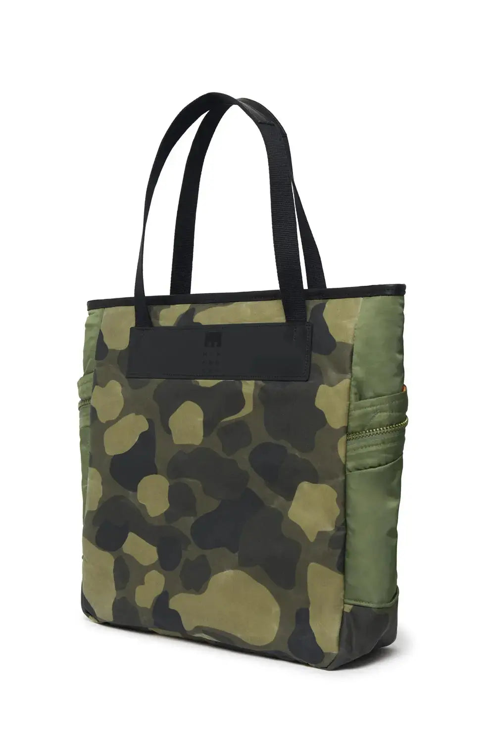 Camouflage tote bag with black handles on a white background