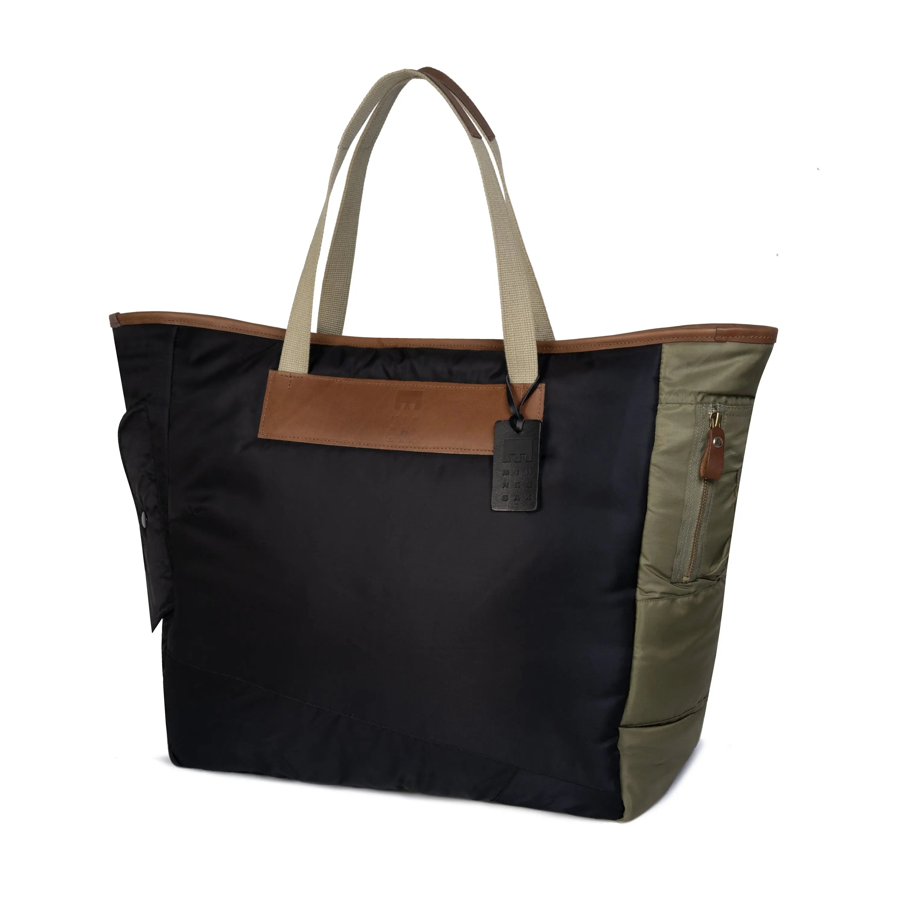 Black tote bag with brown and olive accents on a white background