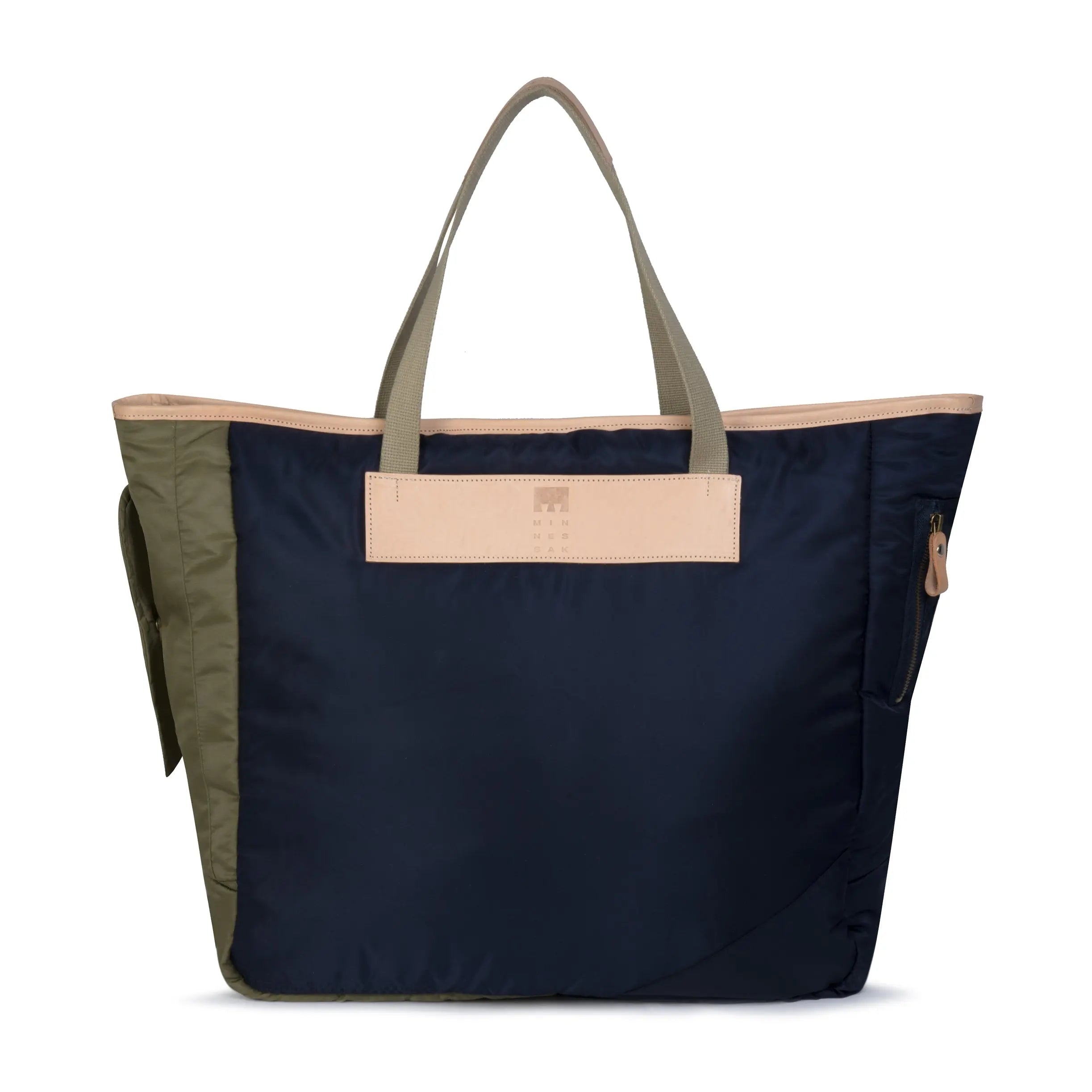 Navy tote bag with olive accents on a white background