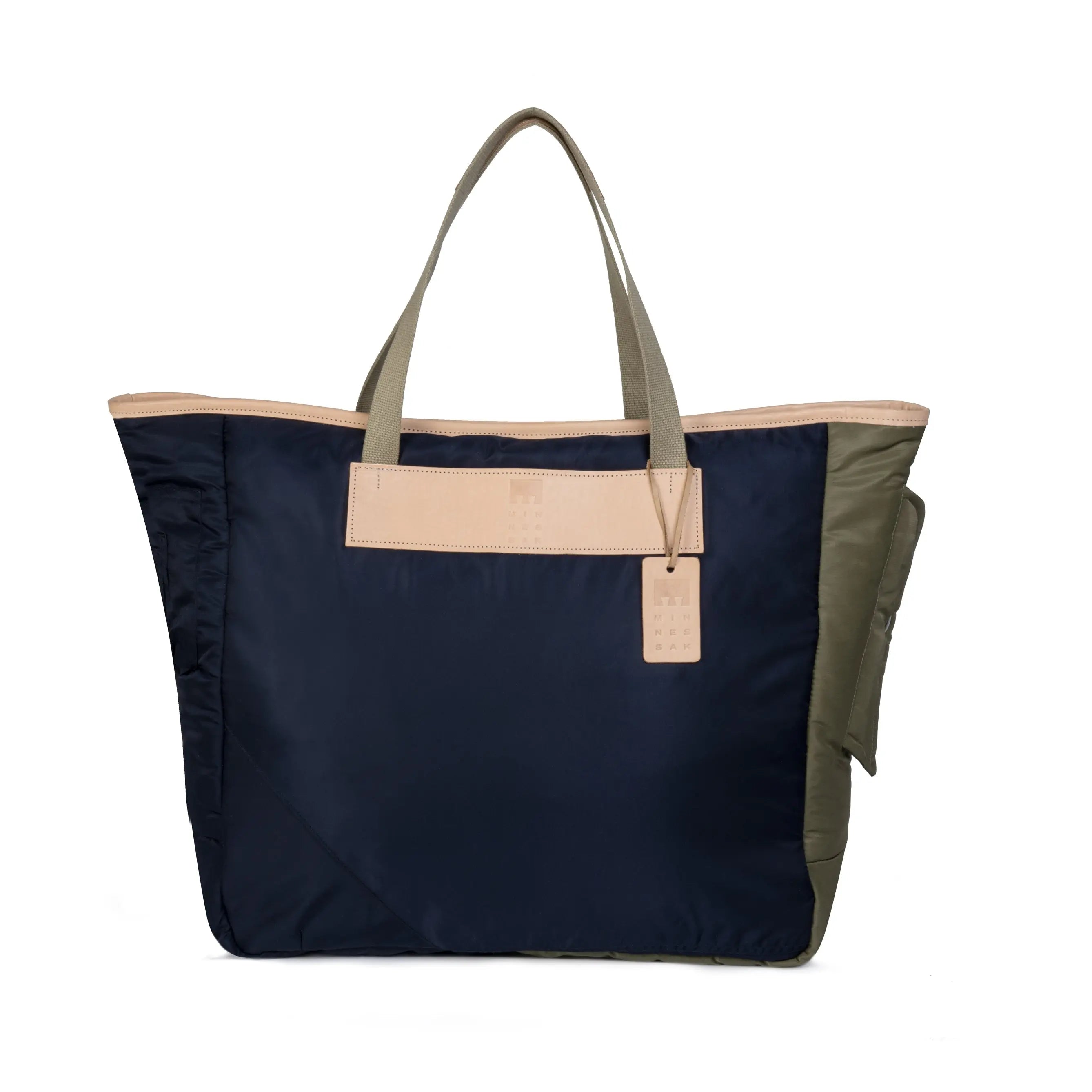 Navy tote bag with olive accents on a white background