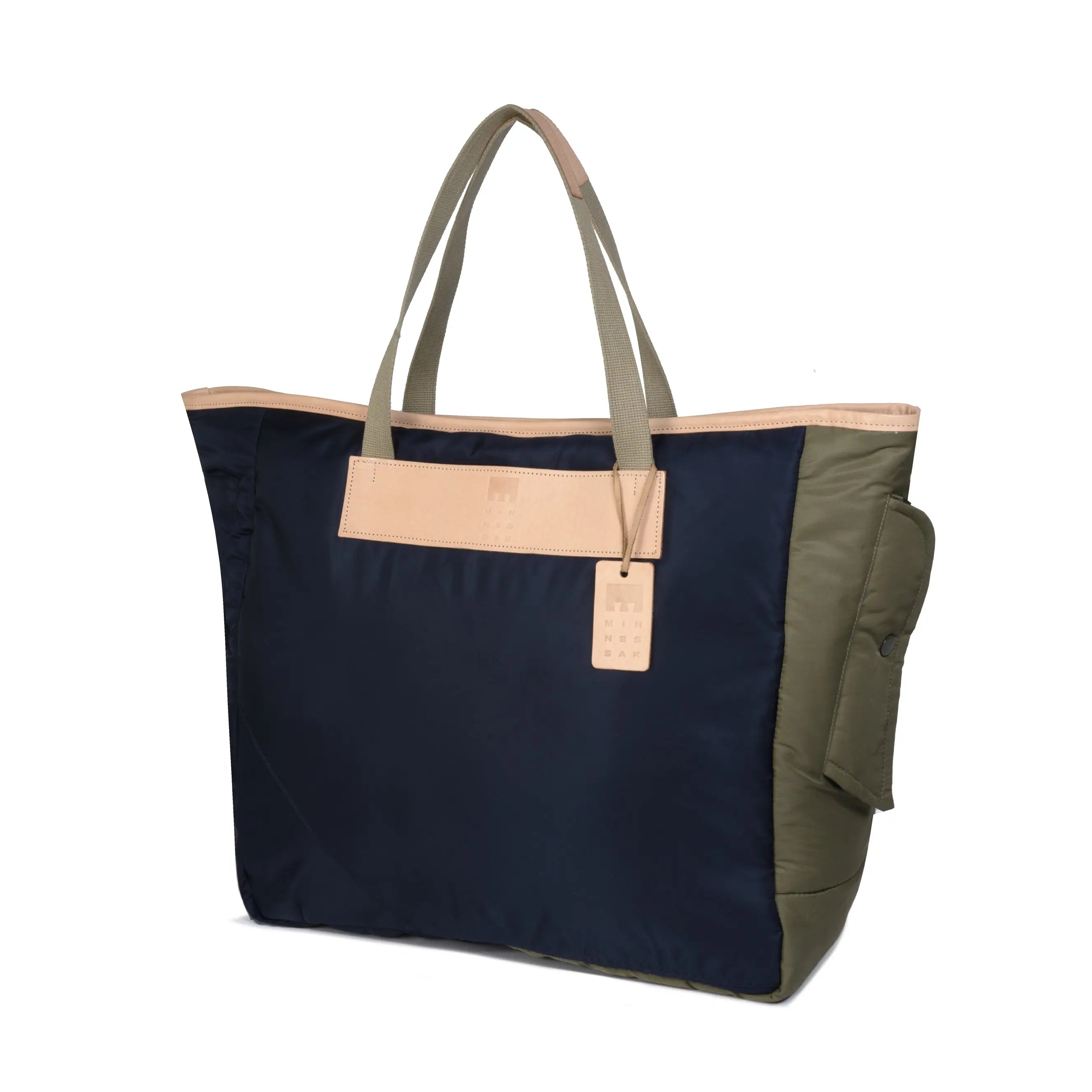 Multicolored tote bag with Olive handle and trim on a white background
