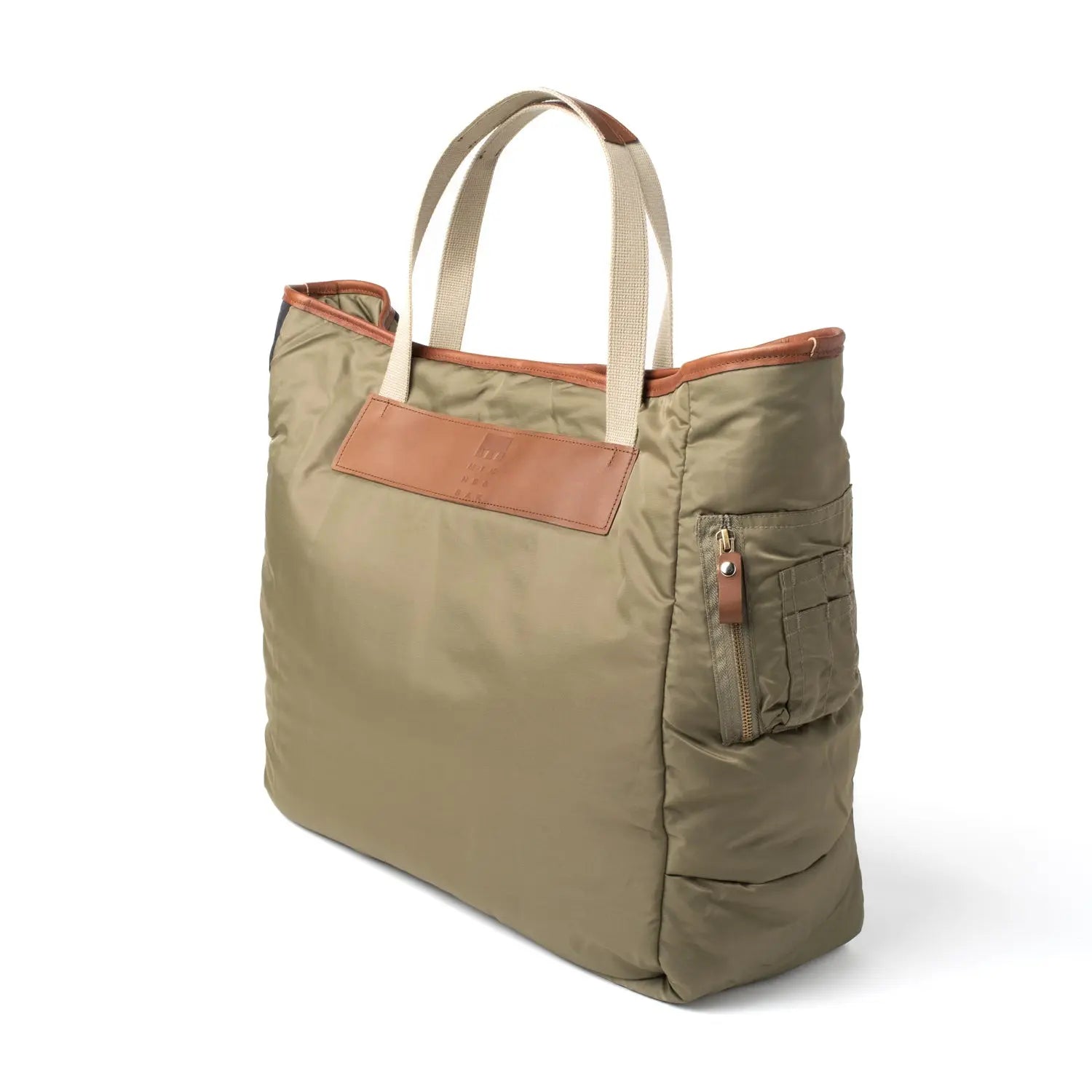Khaki tote bag with brown accents on a white background