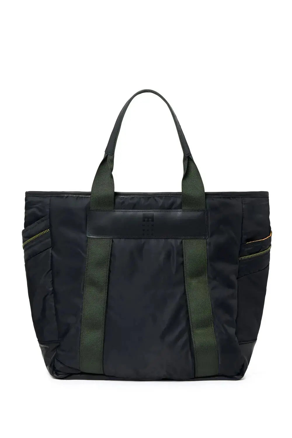 Black and green tote bag on a white background