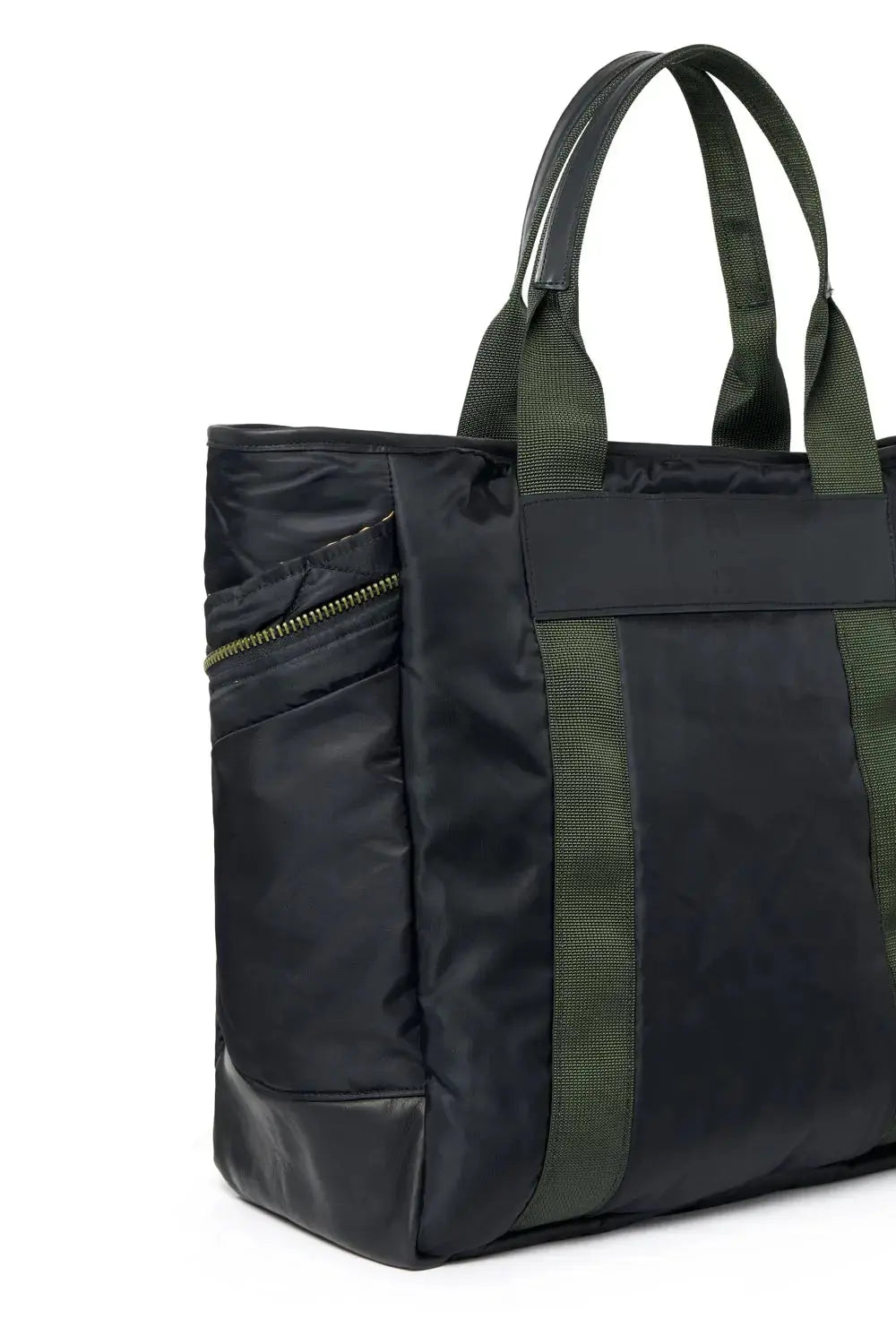 Black tote bag with green handles and zipper on a white background