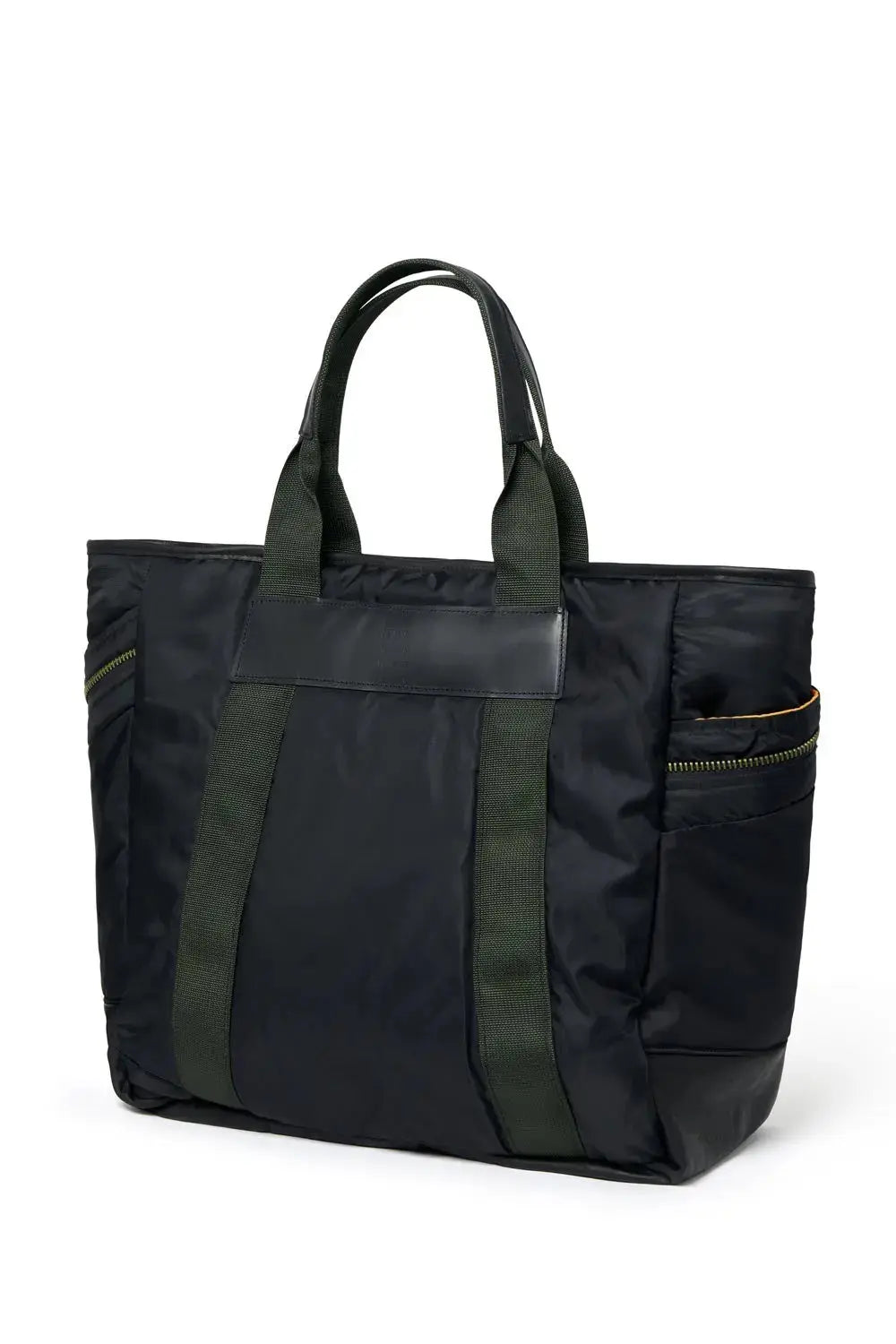 Black tote bag with green accents on a white background