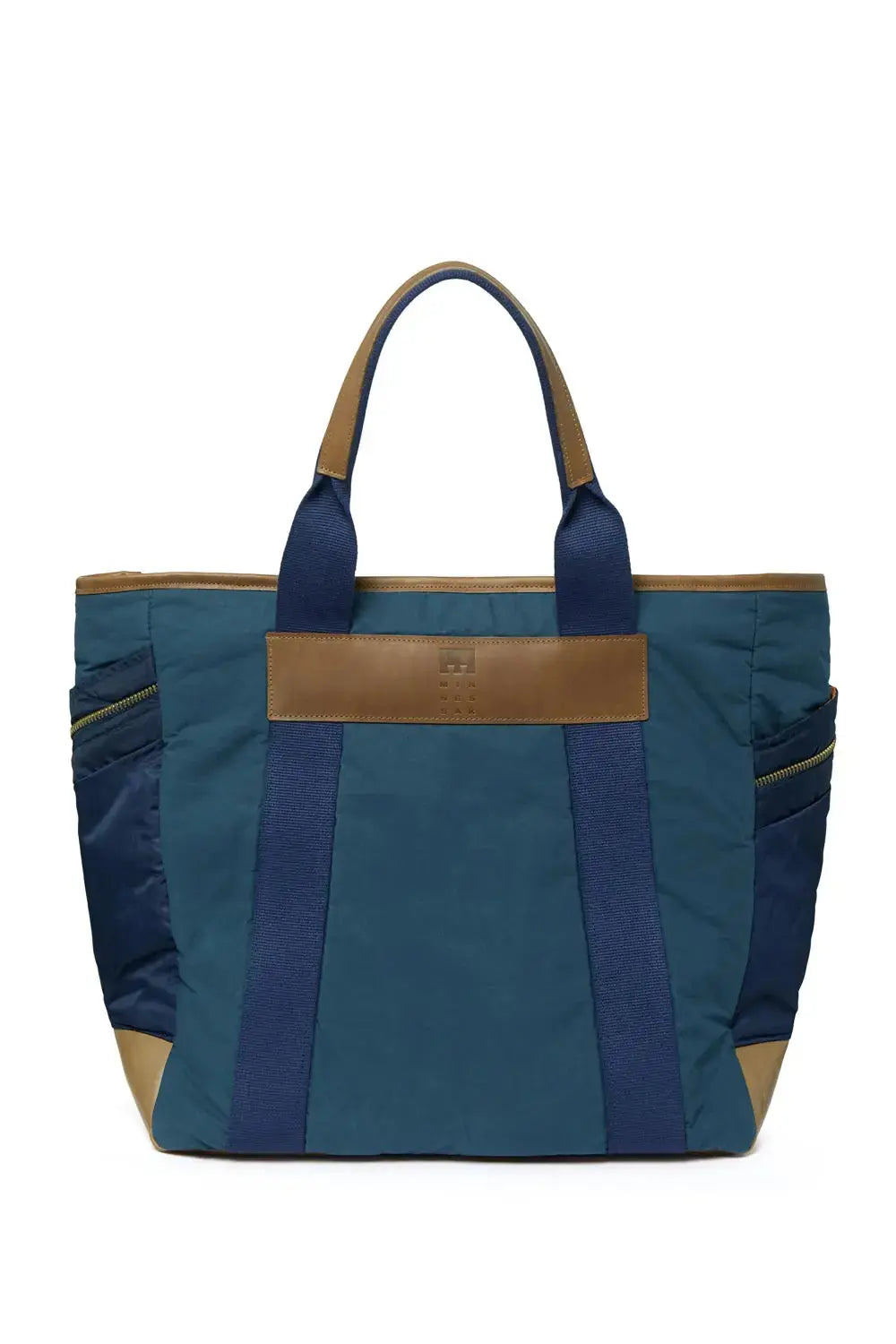 Navy Blue tote bag with brown accents on a white background