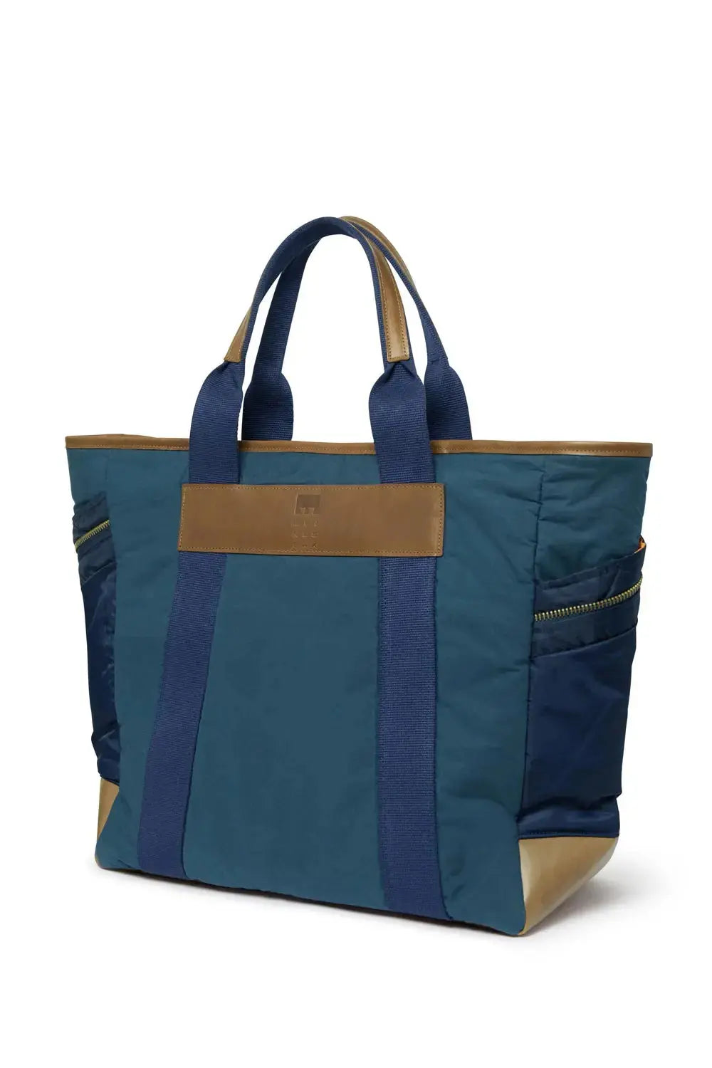 Navy Blue and brown tote bag on a white background