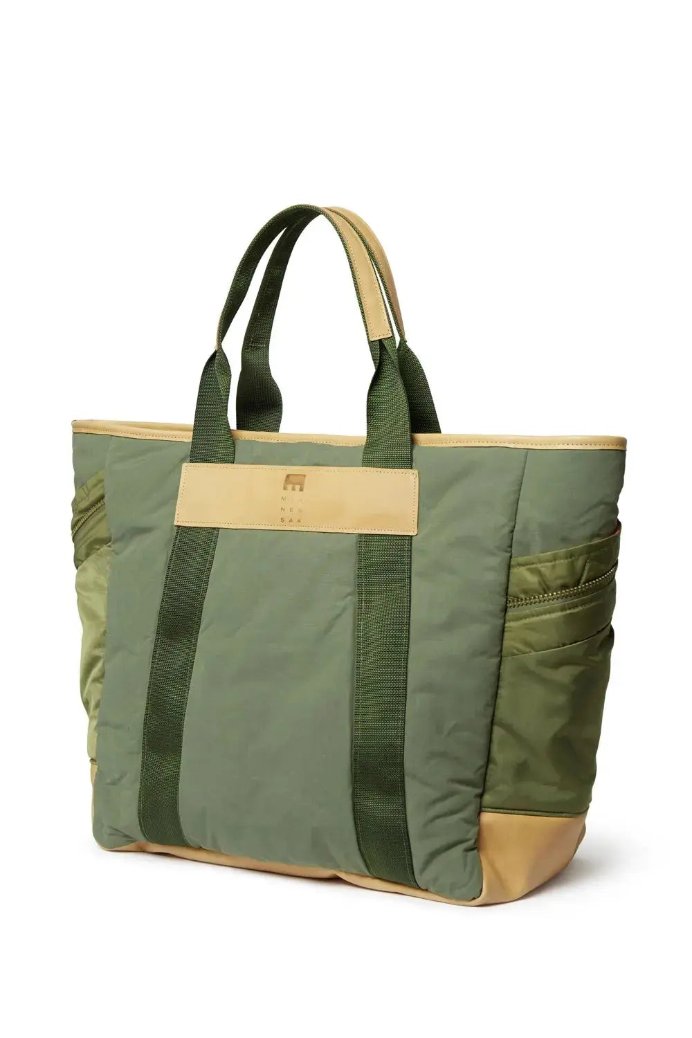 Green tote bag with beige accents on a white background