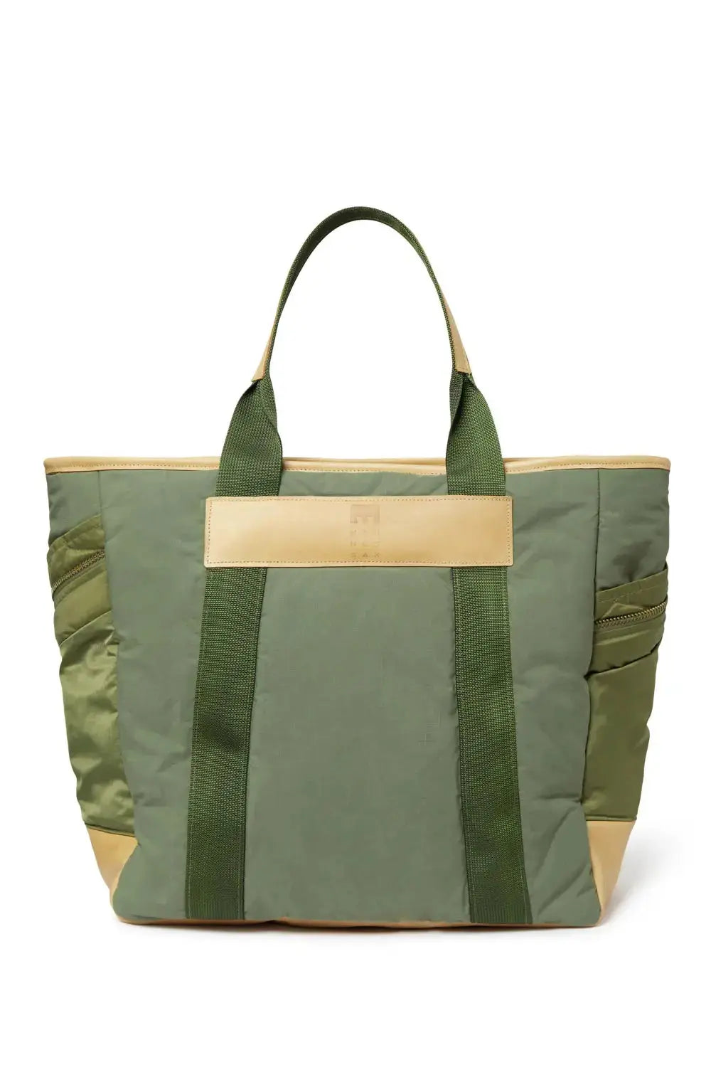 Olive tote bag with beige accents on a white background