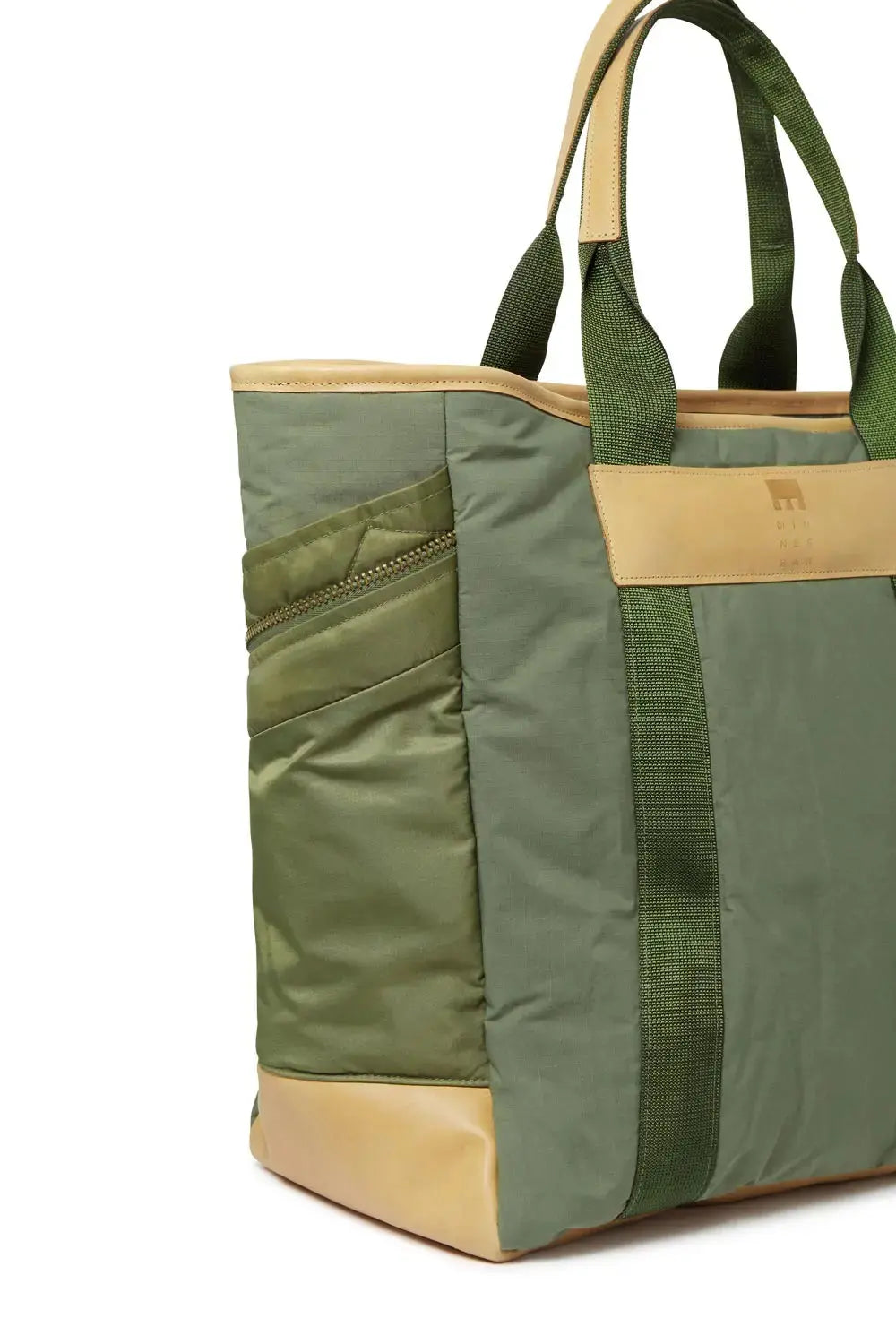 Green and beige tote bag on a white background