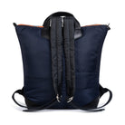 Navy blue backpack with black straps on a white background