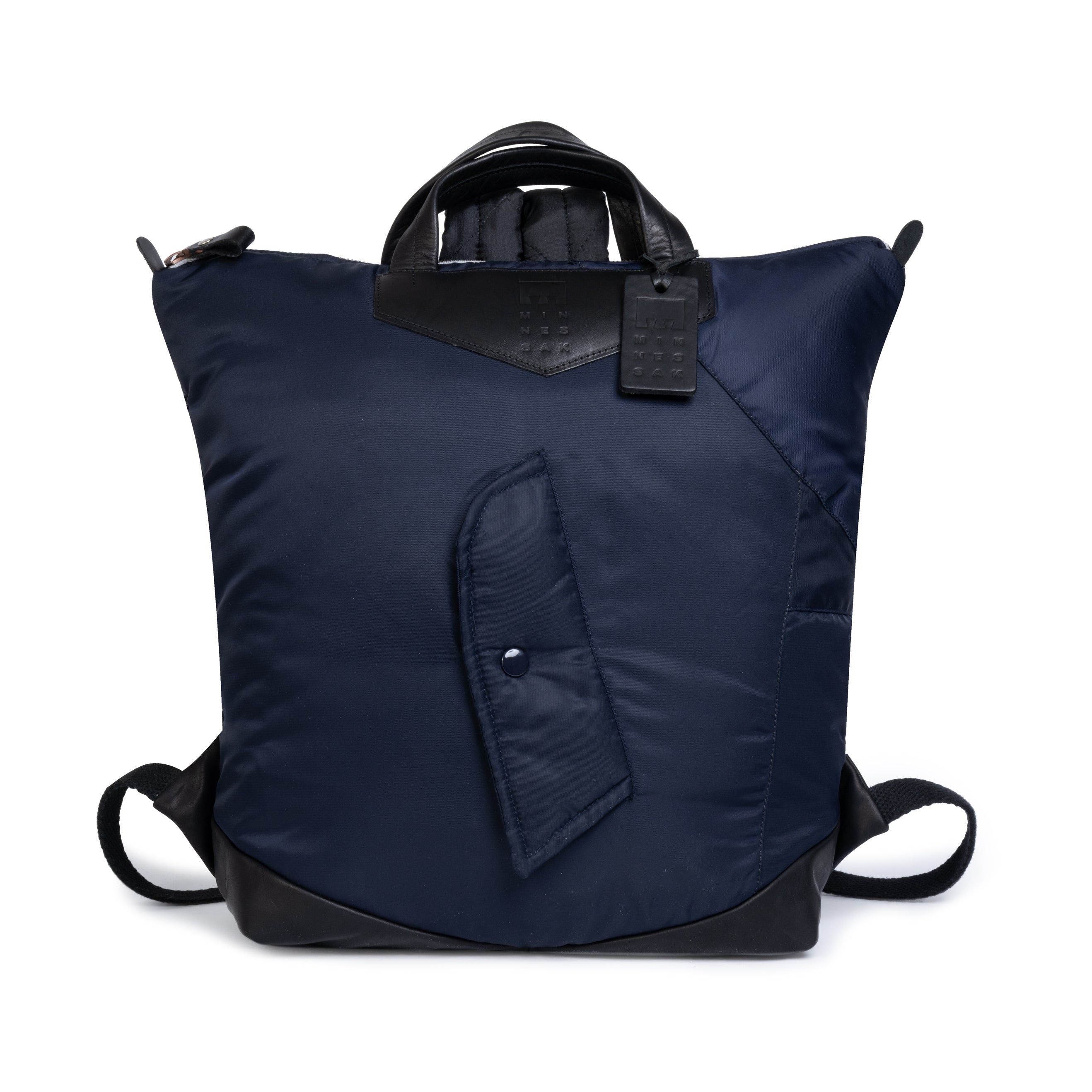 Navy blue backpack with black accents on a white background