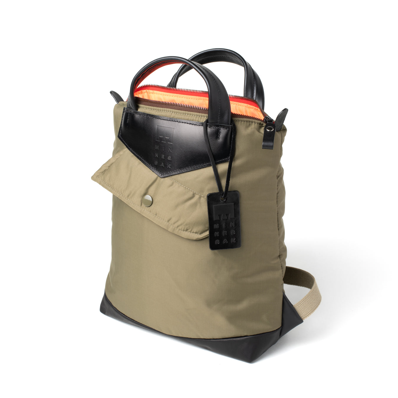 Olive backpack with black accents on a white background