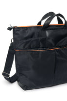Black bag with orange zipper on a white background