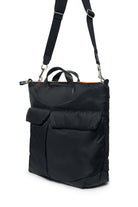 Black backpack with a strap on a white background