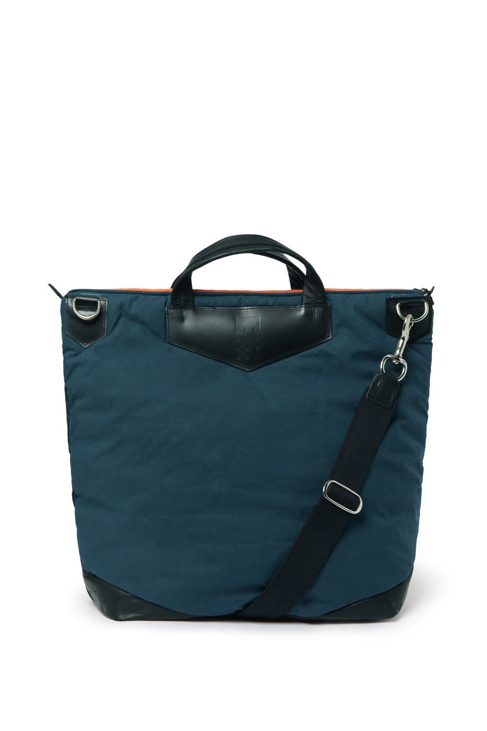 Navy tote bag with black accents on a white background
