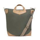 Olive and brown bag with a shoulder strap on a white background