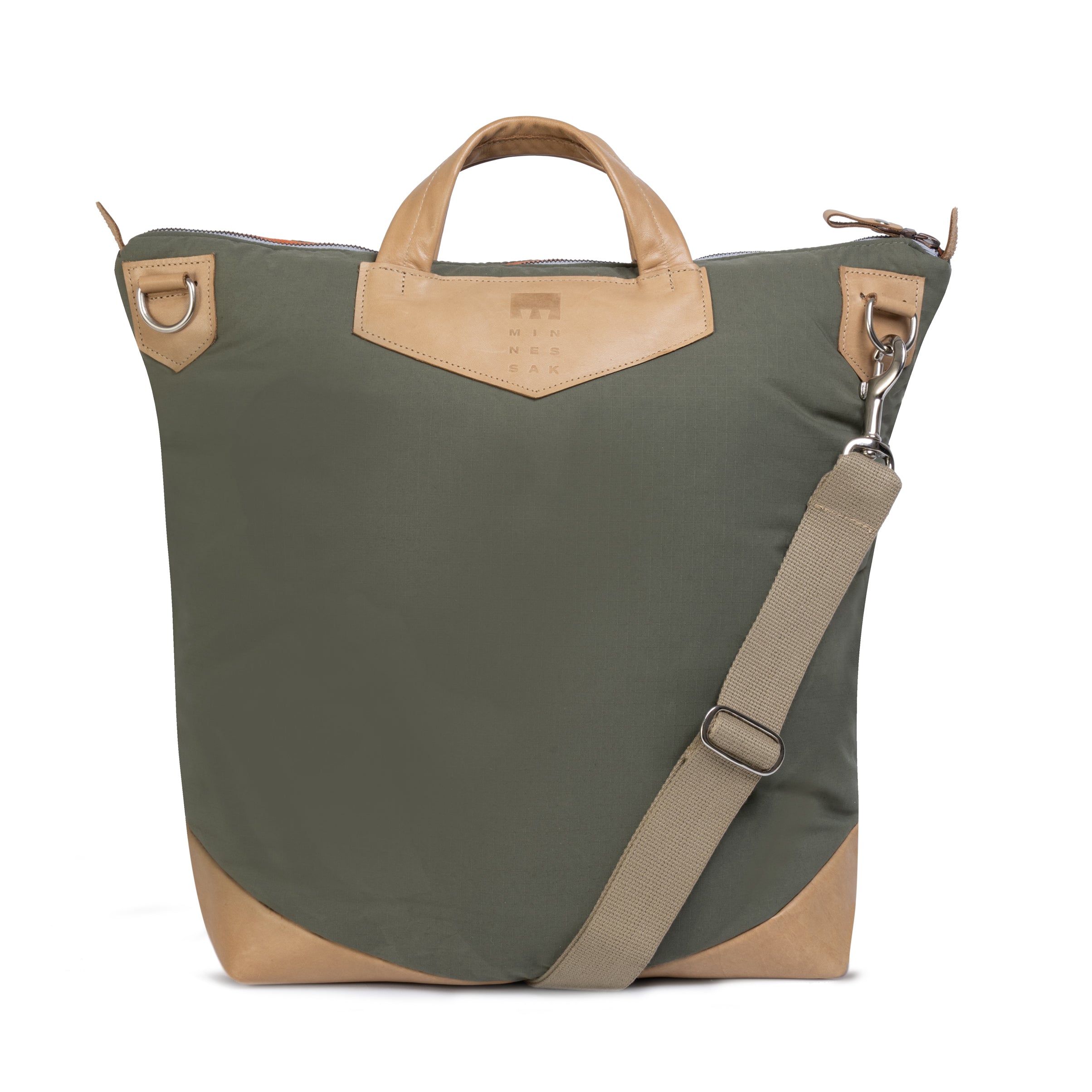 Olive and brown bag with a shoulder strap on a white background