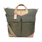 Olive and beige bag with a strap on a white background