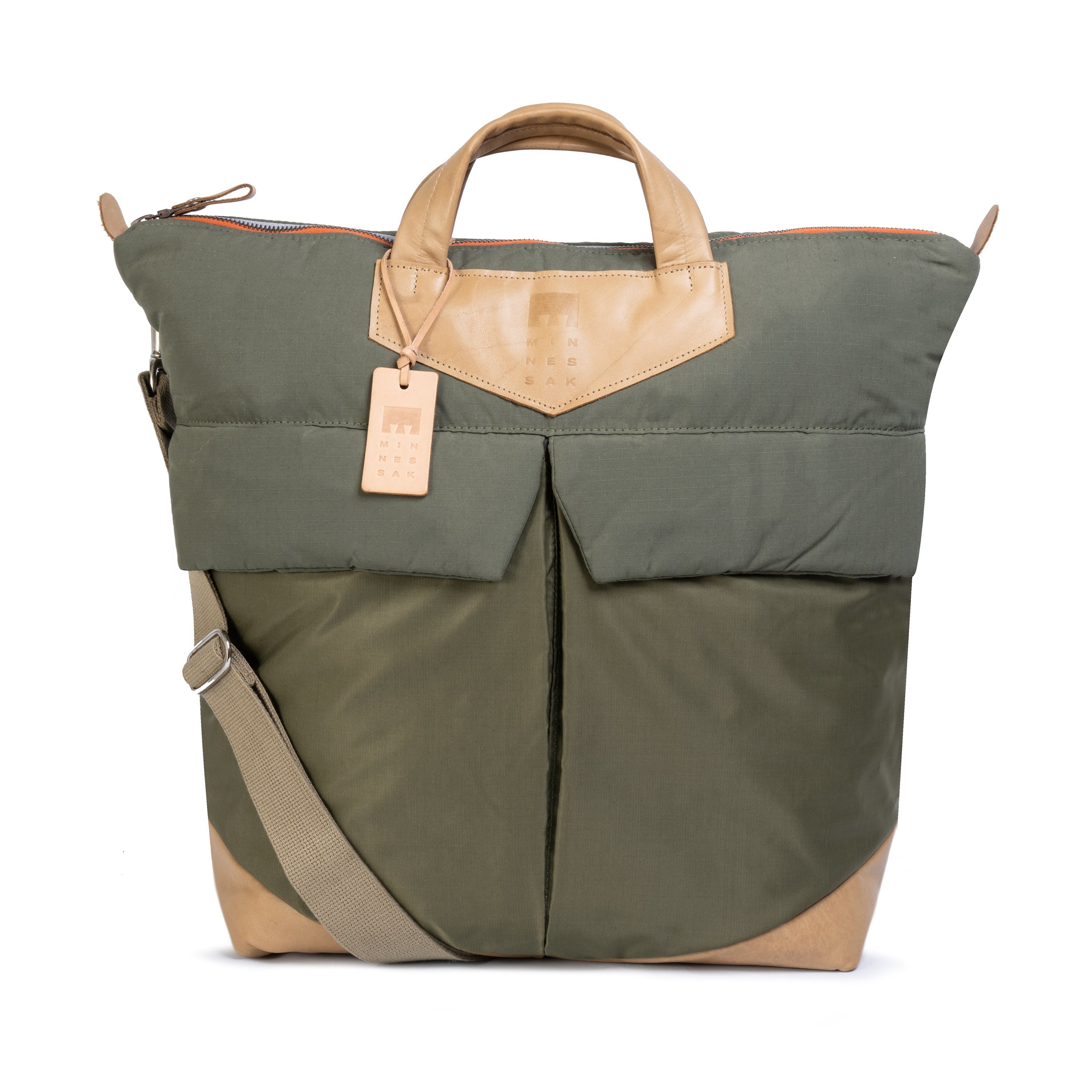 Olive and beige bag with a strap on a white background