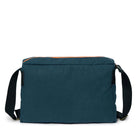 Blue messenger bag with black straps on a white background
