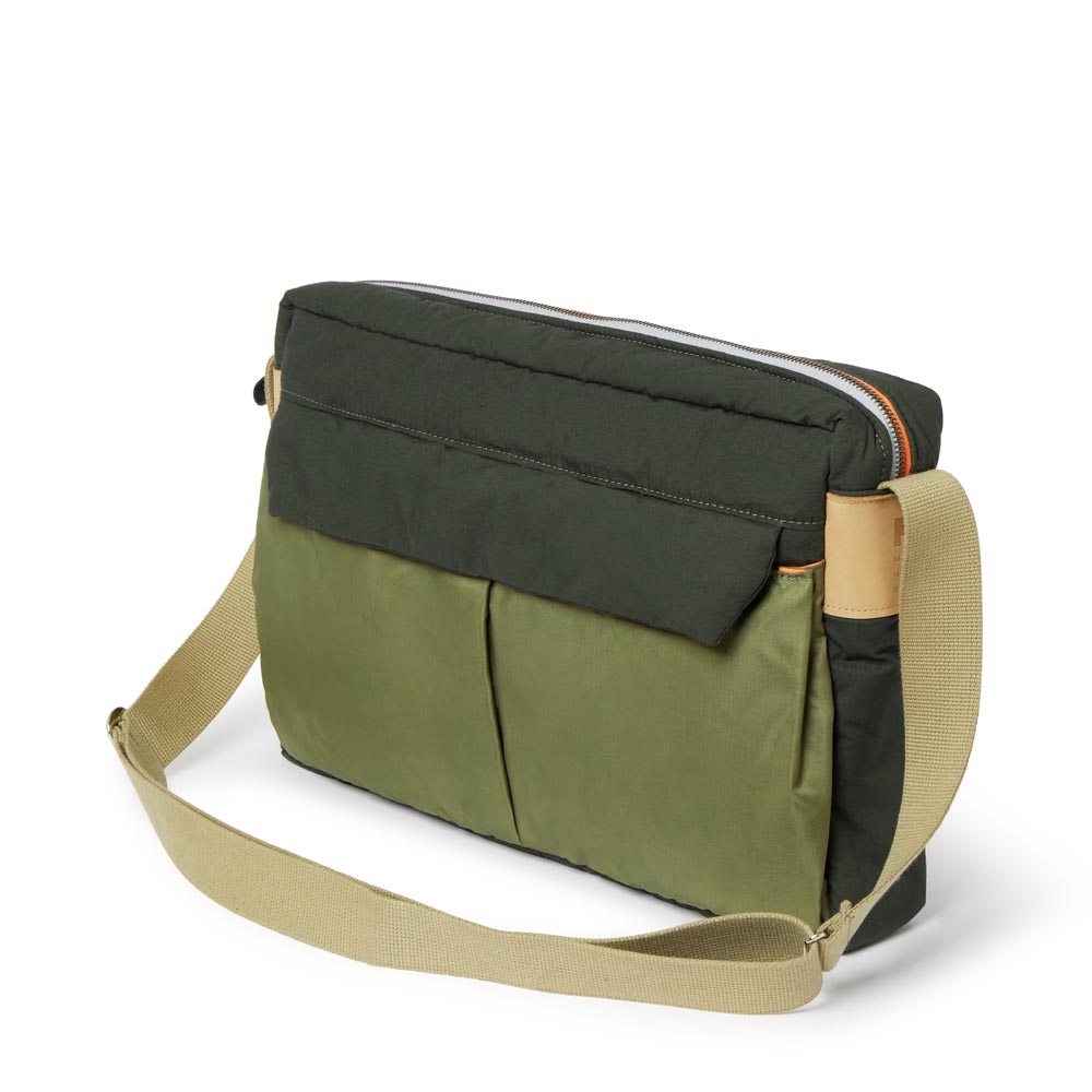 Olive and Gray bag with a shoulder strap on a white background