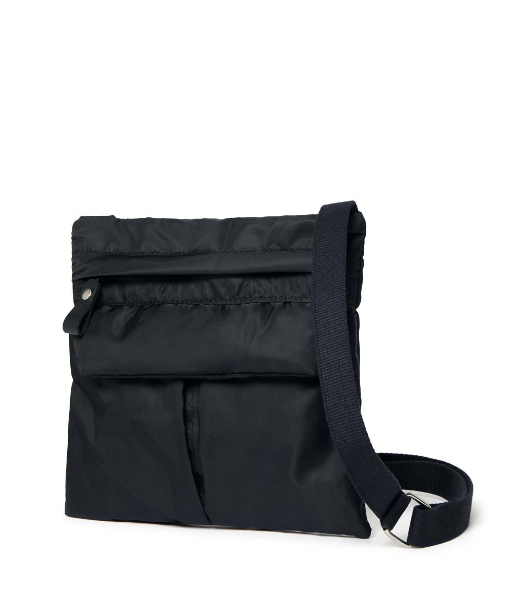 Black crossbody bag on a white background