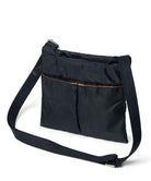Black shoulder bag with a strap on a white background