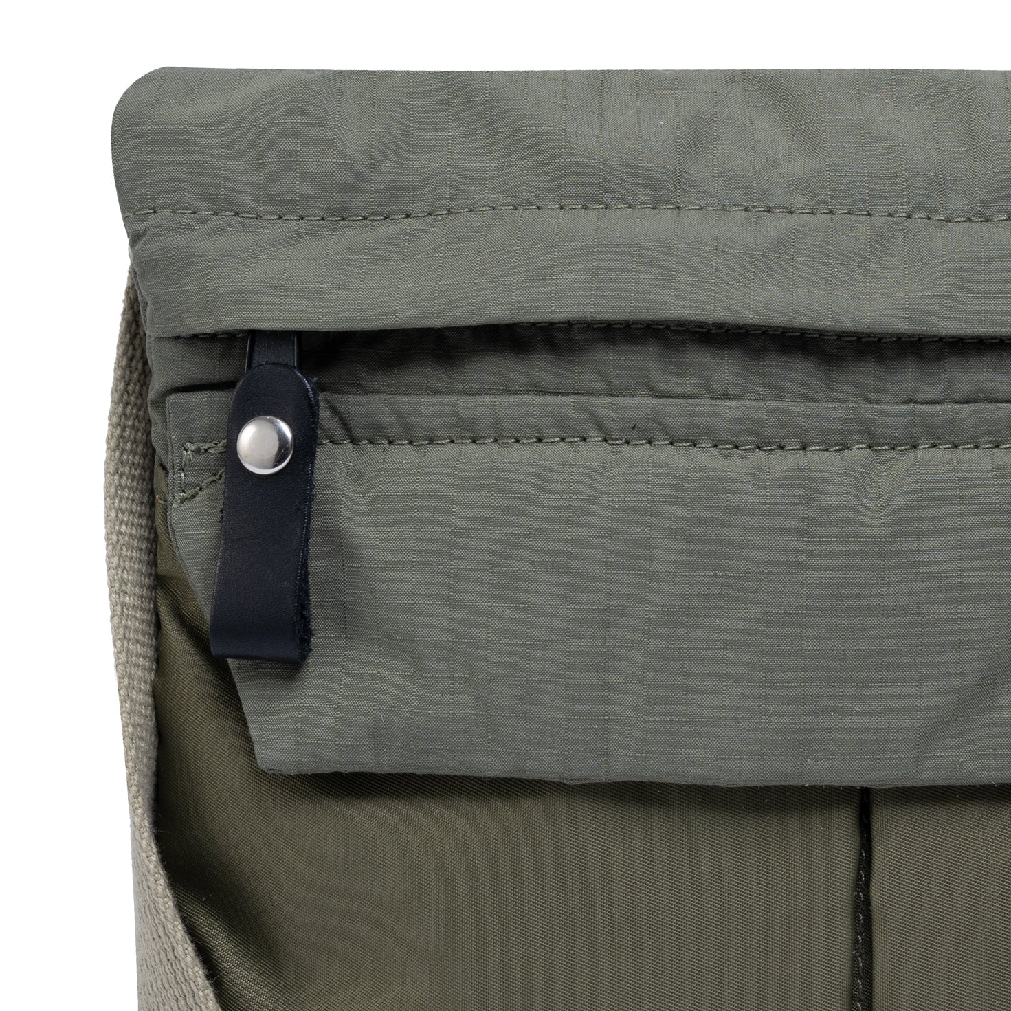 Close-up of an Olive backpack with a zipper detail on a white background