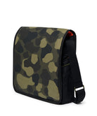 Camouflage-patterned bag with a black strap on a white background