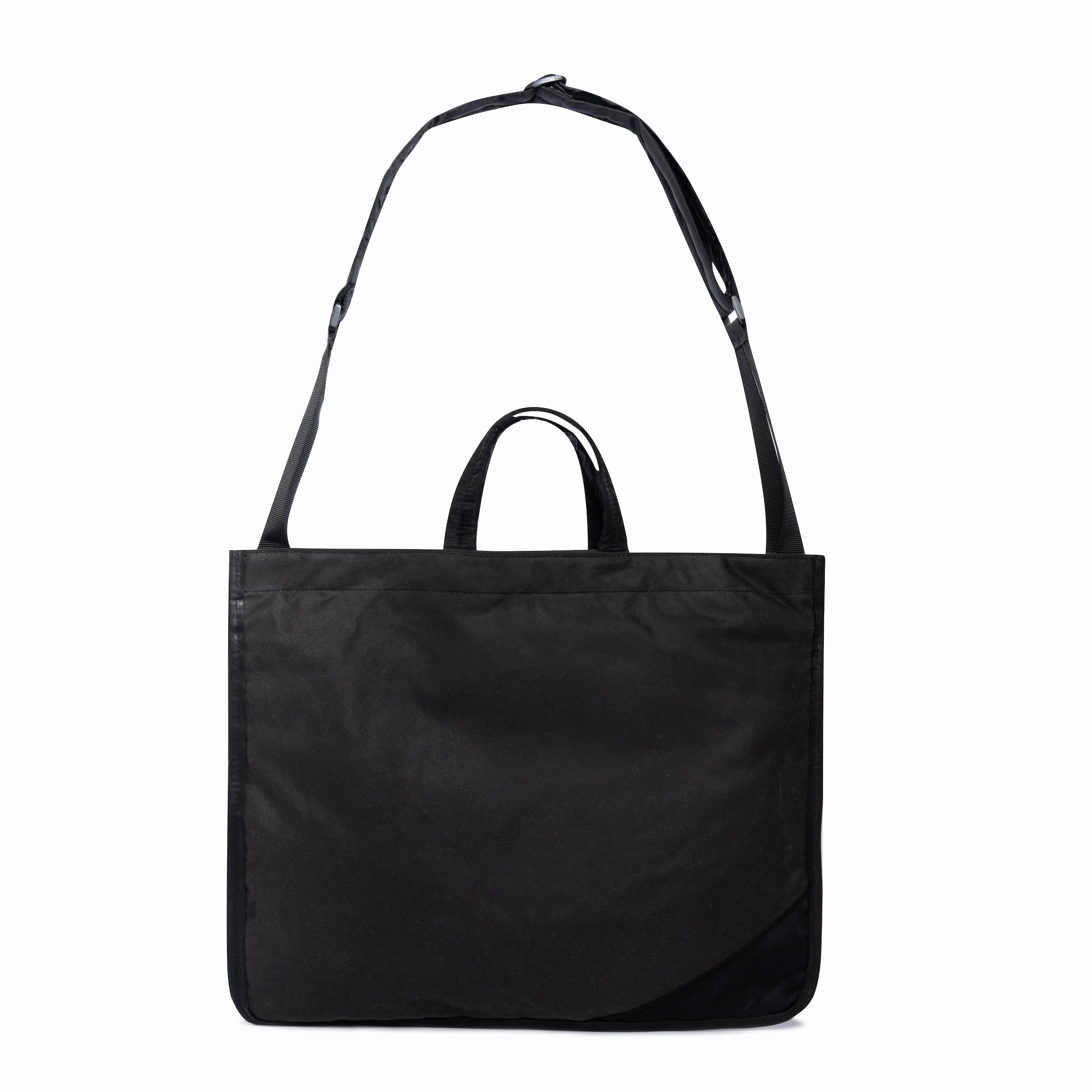 Black medium size tote bag with strap on white background
