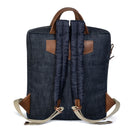 Blue denim backpack with brown leather straps on a white background 