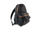Black backpack with orange zippers on a white background