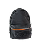 Black backpack with an orange zipper on a white background