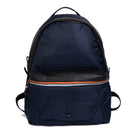 Navy blue backpack with an orange zipper and black accents on a white background