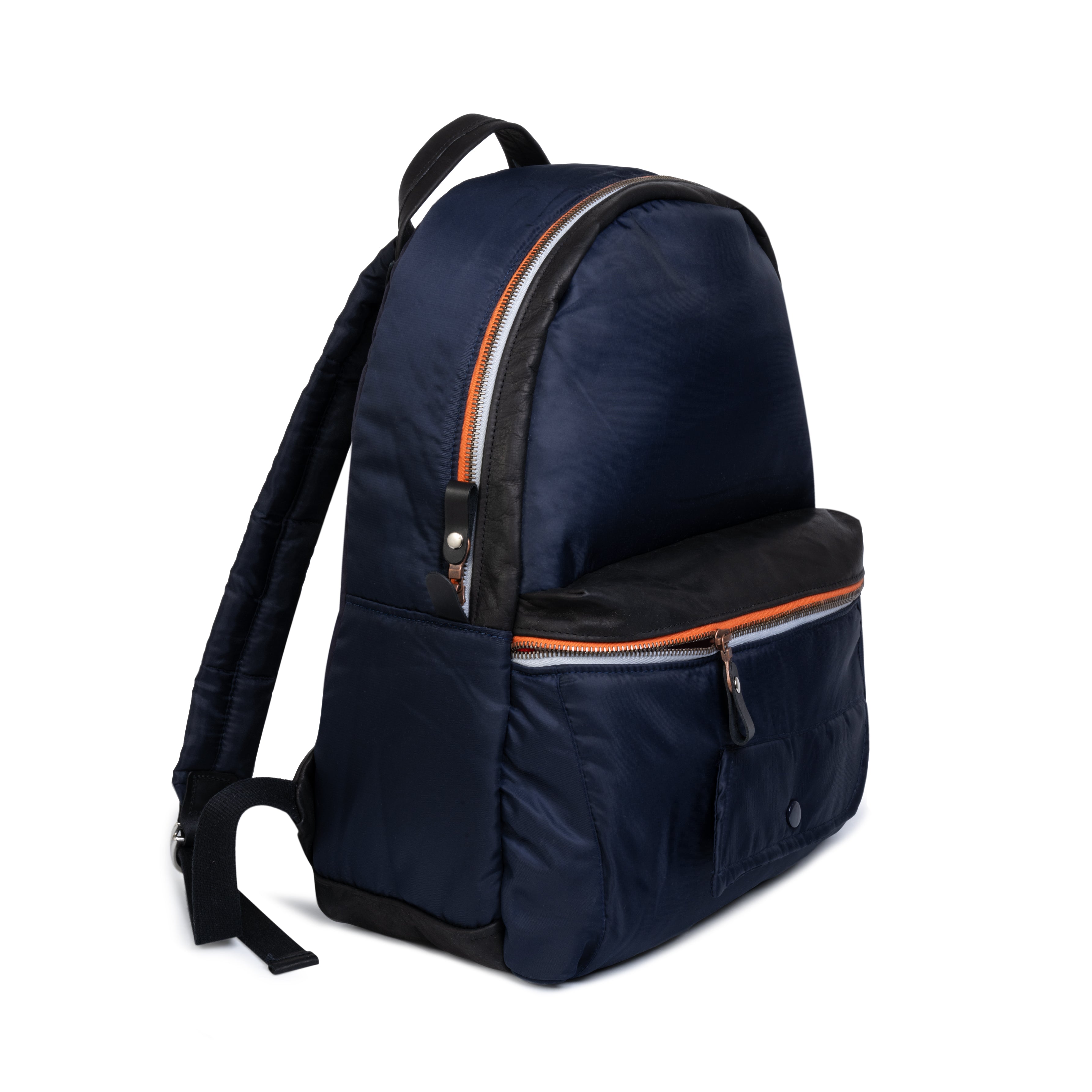 Navy blue backpack with orange zipper and black accents on a white background