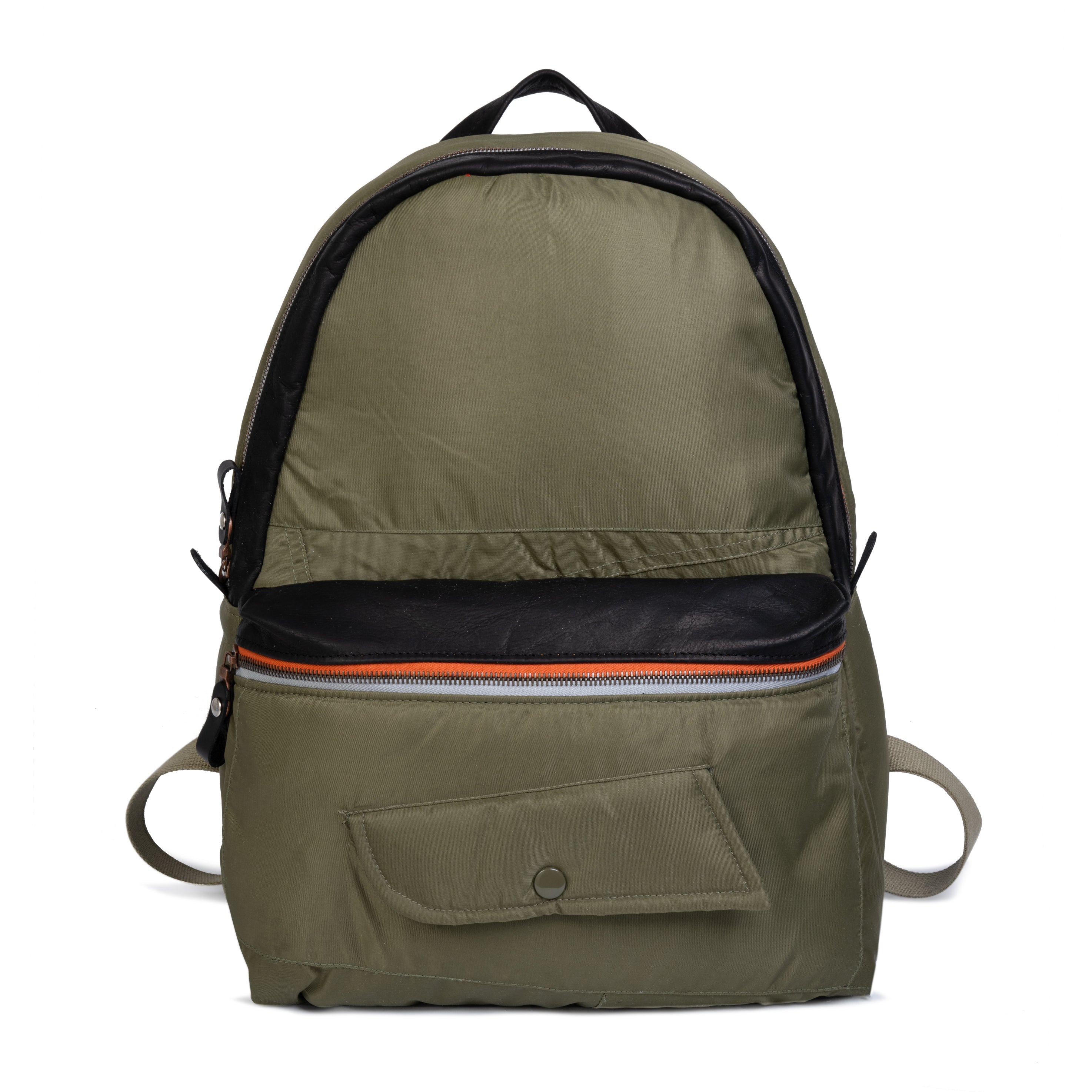 Olive backpack with black accents on a white background