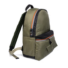 Olive backpack with black accents on a white background