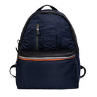 Navy blue backpack with an orange zipper on a white background