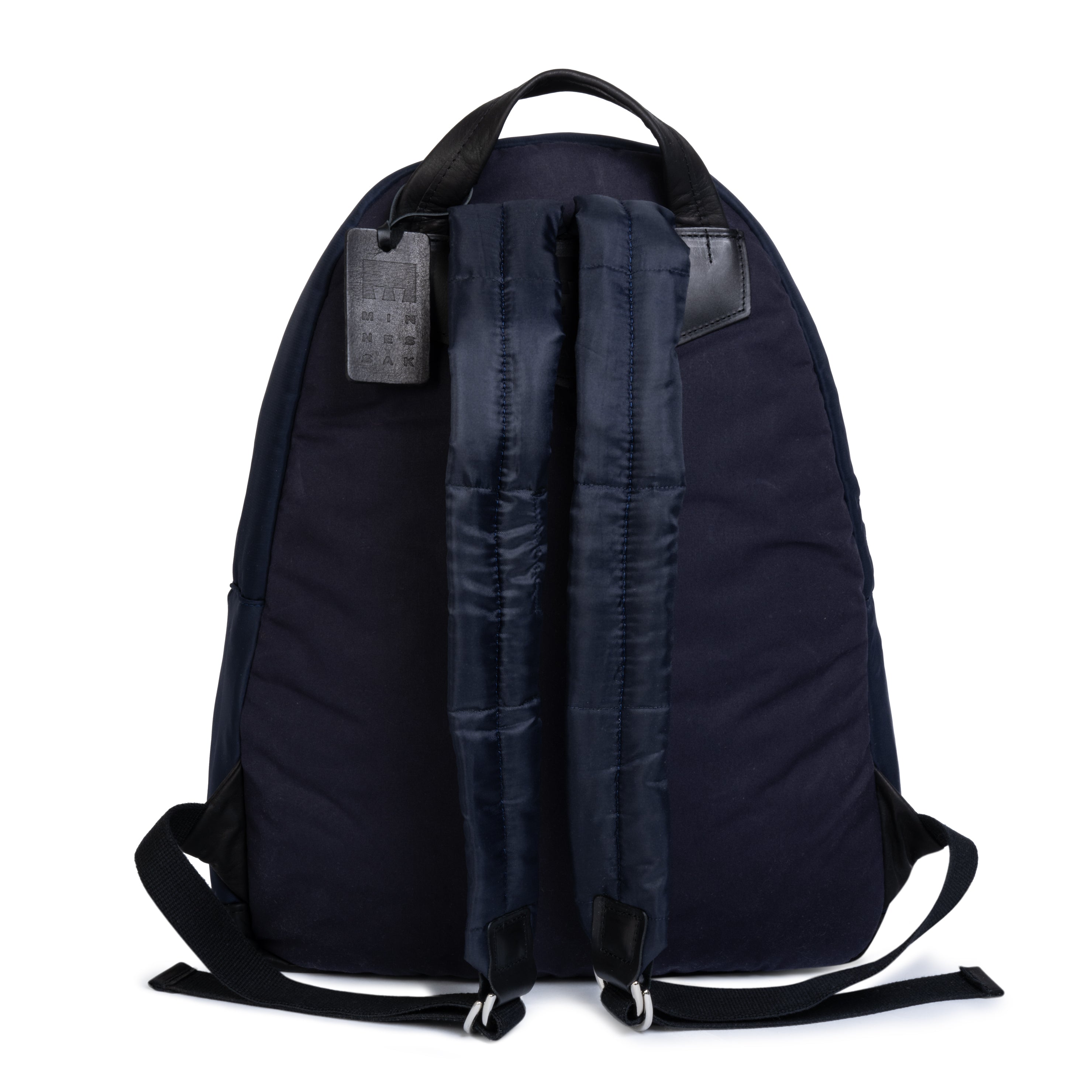 Navy backpack with visible zippers on a white background