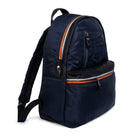 Navy blue backpack with orange zippers on a white background