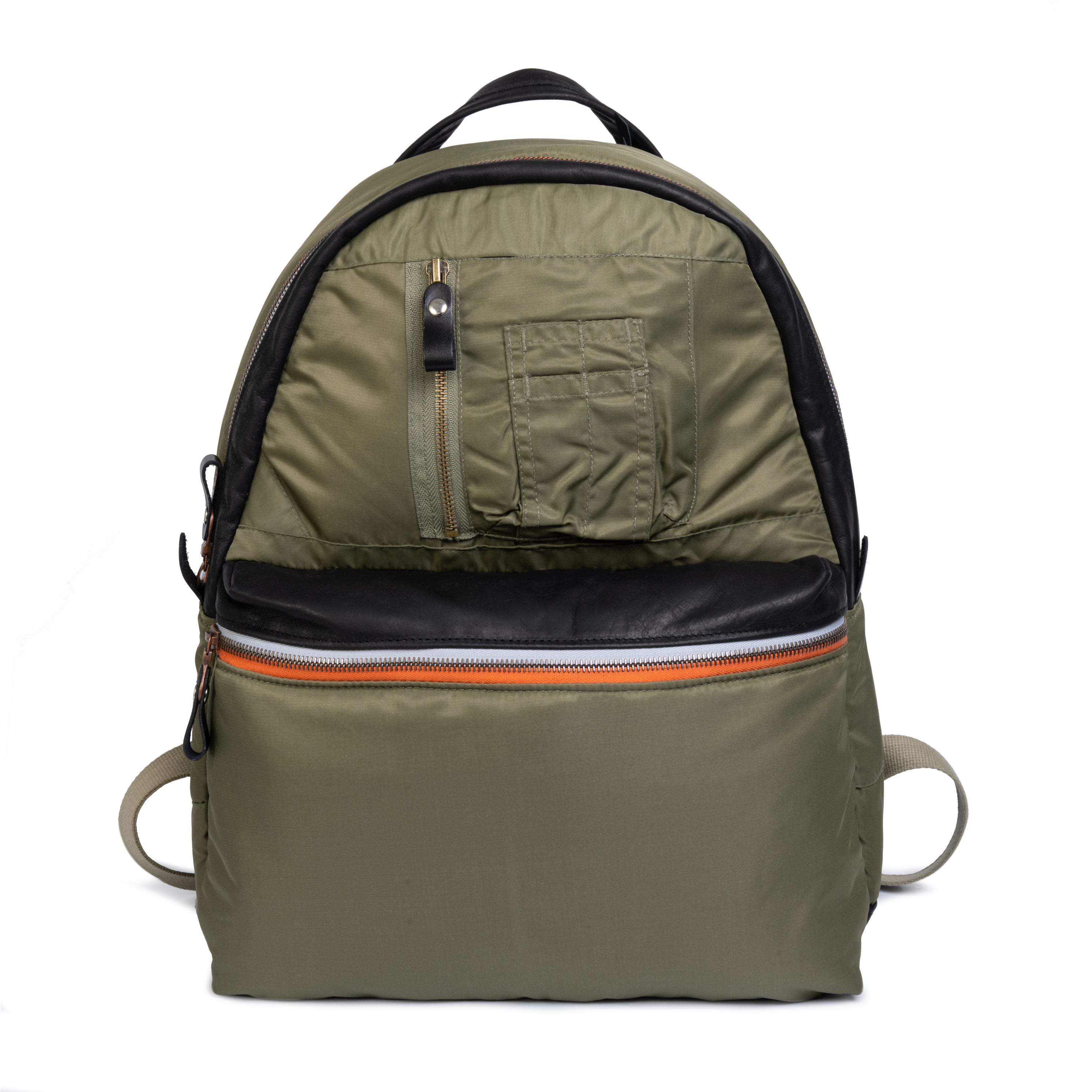 Olive backpack with black accents on a white background
