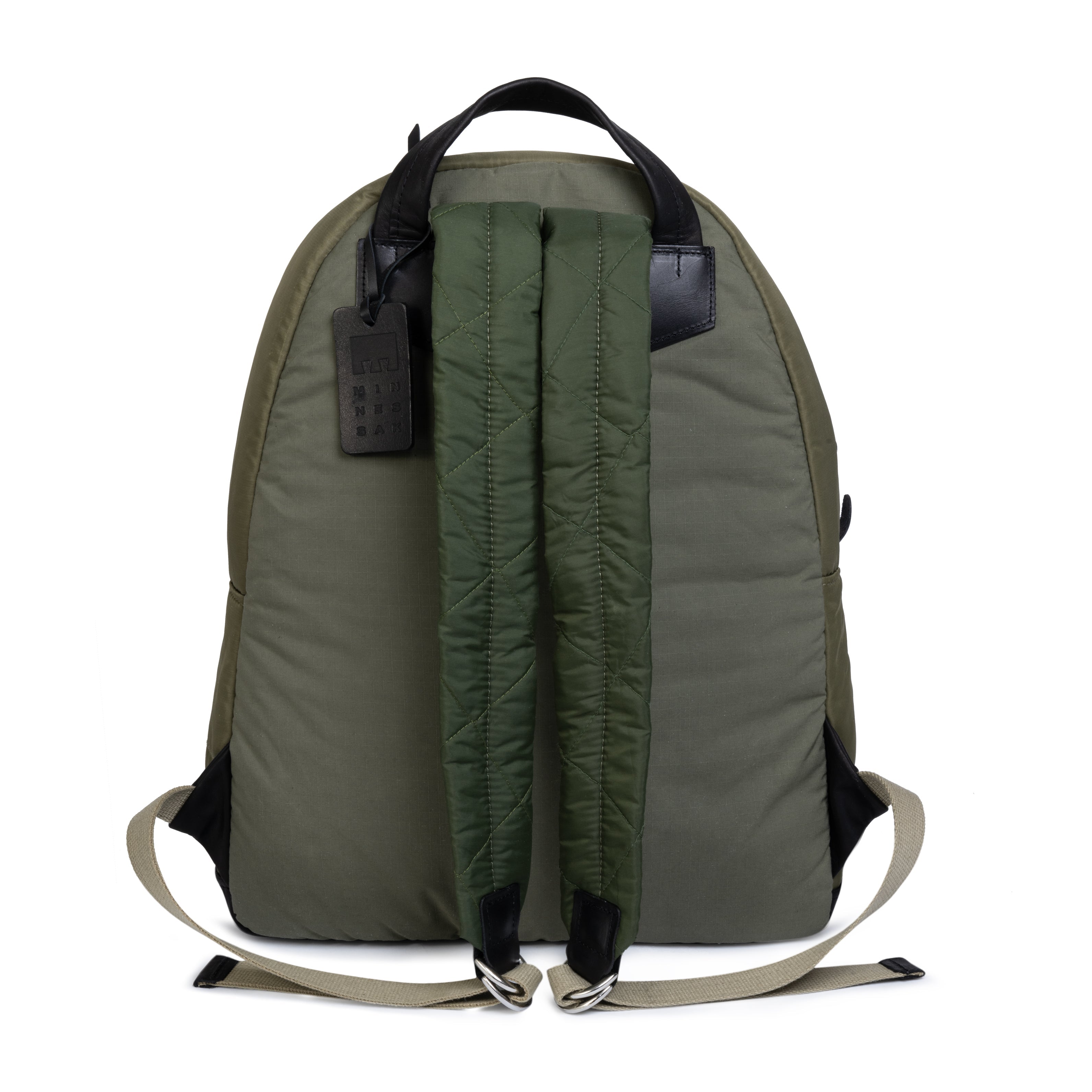 Olive backpack with a visible brand tag on a white background