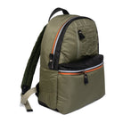 Olive backpack with black and orange accents on a white background