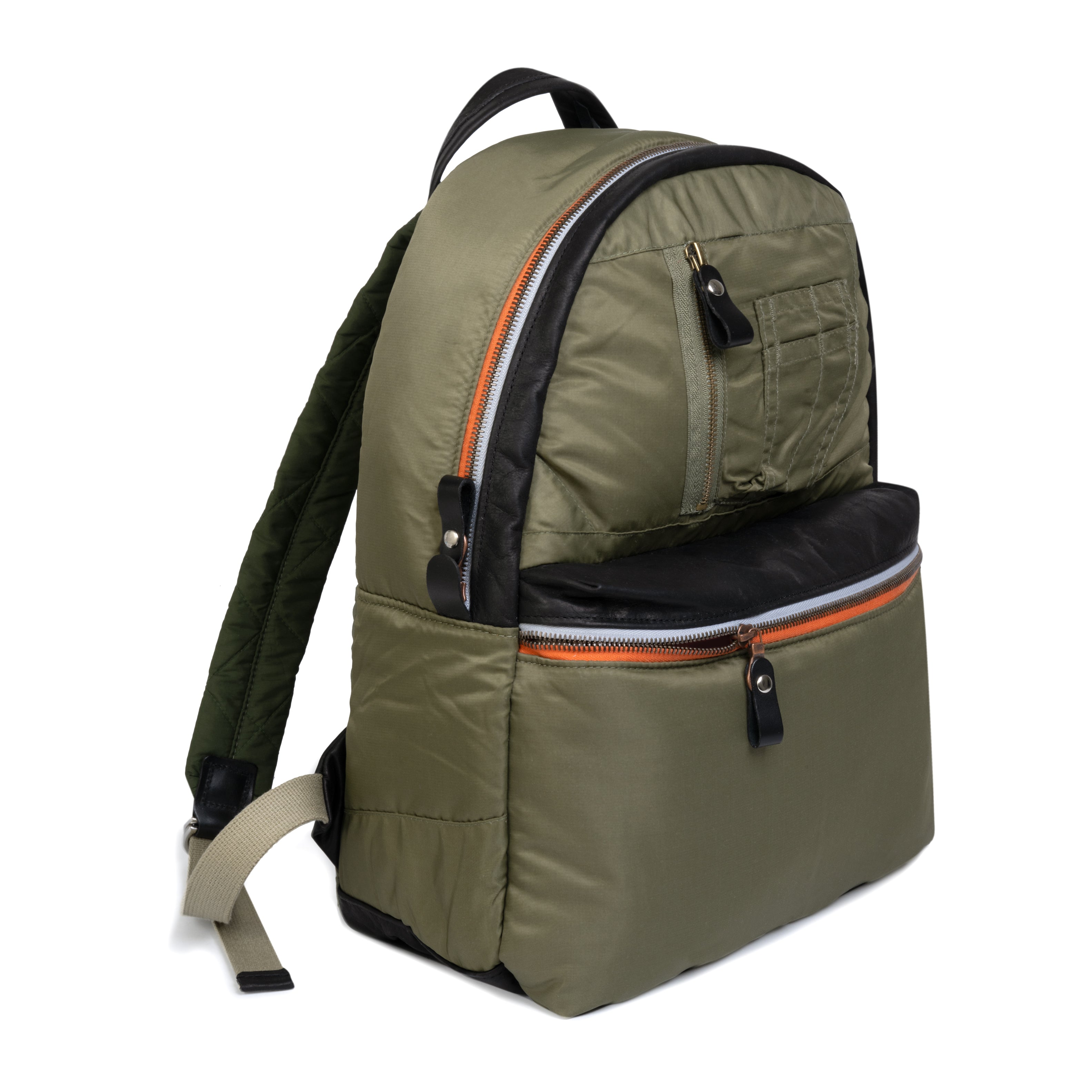 Olive backpack with black and orange accents on a white background
