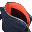 Navy blue backpack with orange interior on a white background